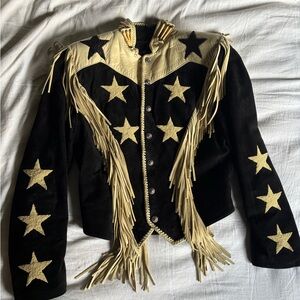 Vintage Star-Studded Black and Cream Fringe Jacket by REN Ellis renegade